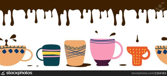 Coffee poured in cups. Liquid espresso or americano, hot chocolate drops. Mugs with energy morning drink. Cafe or coffee shop banner, vector seamless pattern. Illustration of coffee splash drink. Coffee poured in cups. Liquid espresso or americano, hot chocolate drops. Mugs with energy morning drink. Cafe or coffee shop banner, vector seamless pattern
