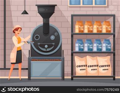 Coffee production conveyor background with packing and processing symbols cartoon vector illustration