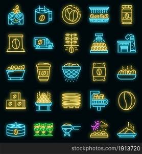 Coffee production icons set. Outline set of coffee production vector icons neon color on black. Coffee production icons set vector neon