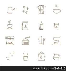 Coffee Related Vector Line Icons vector set. Coffee shop Barista equipment. Grinder, Pour over brewer, Kettle, French press, Moka pot, Cezve, bag, cup to go, capsule, machine, sugar, bean, mug, finjan. Coffee Related Vector Line Icons vector set.