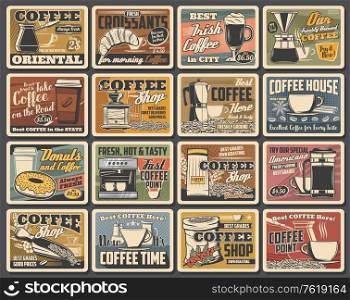 Coffee retro posters, coffee makers, cafe and cafeteria vector vintage signs. Coffeehouse hot takeaway americano and espresso hot cup, croissant and donuts, coffee beans mill and maker. Coffee retro posters, coffee maker, cafe drinks