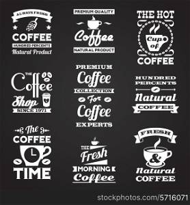Coffee retro vintage black and white premium quality natural product smooth taste always fresh labels set isolated vector illustration