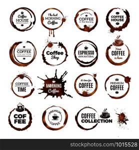 Coffee rings badges. Labels with dirty circles from tea or coffee cup restaurant logo template. Coffee espresso premium, badge splash stain from mug illustration. Coffee rings badges. Labels with dirty circles from tea or coffee cup restaurant logo template
