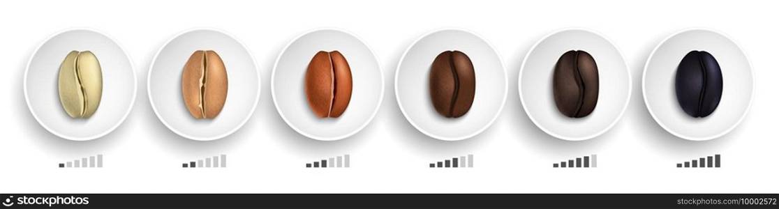 Coffee roasting guide. Realistic coffee beans in various roasting stages on white plates vector illustration. Caffeine drink roasted, coffee bean natural. Coffee roasting guide. Realistic coffee beans in various roasting stages on white plates vector illustration