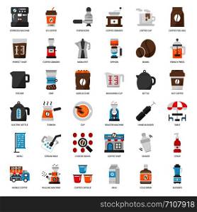 coffee&rsquo;s equipment flat icon set, isolated on white background