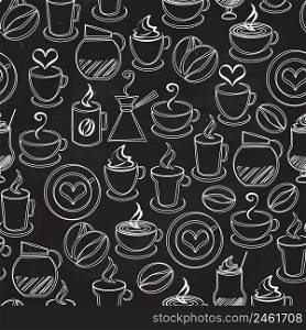 Coffee seamless background vector pattern with white icons on black of a coffee pot and percolator steaming mugs and cups beans hearts espresso filter cappuccino and iced coffee in square format