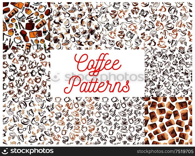 Coffee seamless pattern backgrounds. Wallpapers with vector icons of coffee cup, coffee maker, vintage coffee mill, retro coffee grinder, moka pot, milk pitcher, coffee beans, sweet syrup. Coffee seamless pattern backgrounds