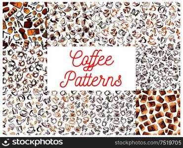 Coffee seamless pattern backgrounds. Wallpapers with vector icons of coffee cup, coffee maker, vintage coffee mill, retro coffee grinder, moka pot, milk pitcher, coffee beans, sweet syrup. Coffee seamless pattern backgrounds
