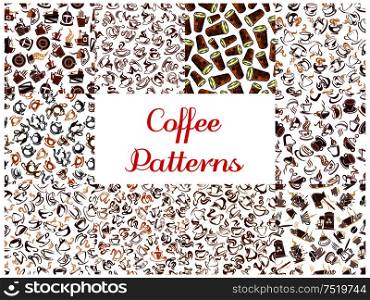 Coffee seamless pattern backgrounds. Wallpapers with vector icons of coffee cup, coffee maker, coffee machine, vintage coffee mill, retro coffee grinder, coffee beans. Coffee seamless pattern backgrounds