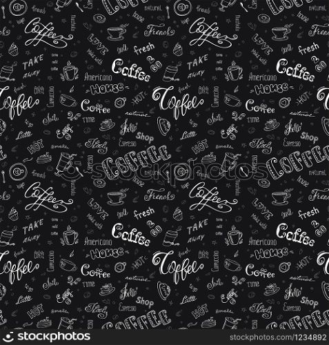 Coffee seamless pattern,hand drawn background with sign and letters,vector illustration