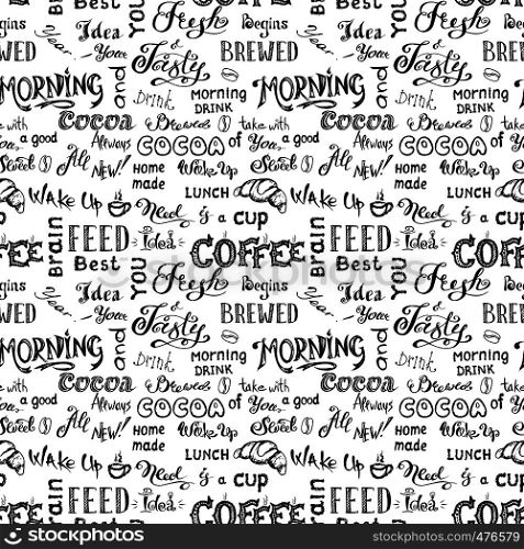 Coffee seamless pattern, hand drawn lettering and sign , vector illustration.. Coffee seamless pattern,