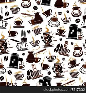 Coffee seamless pattern of coffee cups, makers for cafeteria design. Vector background of coffee beans, hot tea mugs with steam and chocolate drinks pattern for coffeeshop. Vector coffee cup and makers seamless pattern