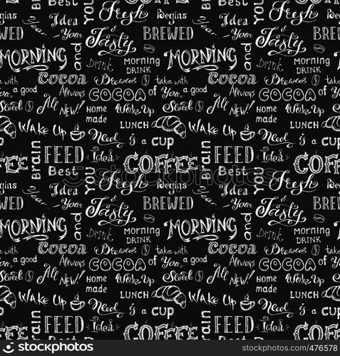 Coffee seamless pattern on dark background, hand drawn lettering and sign , vector illustration.. Coffee seamless pattern,