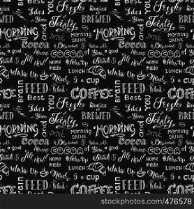Coffee seamless pattern on dark background, hand drawn lettering and sign , vector illustration.. Coffee seamless pattern,