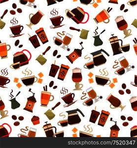 Coffee seamless pattern. Vector patterns of coffee cup, coffee maker, vintage coffee mill, retro coffee grinder, coffee beans, pitcher, sugar, chocolate, muffin, cezve. Cafeteria and cafe decoration background. Coffee cafe seamless pattern
