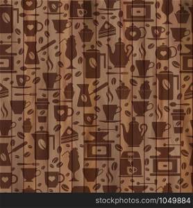 Coffee seamless pattern with a cups. Brown texture of coffee icons on wooden.. Coffee seamless pattern with a cups.