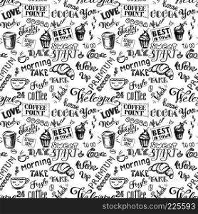 Coffee seamless pattern with lettering,cocoa lettering hand drawn on black background, stock vector illustration. Coffee seamless pattern with lettering,hand drawn