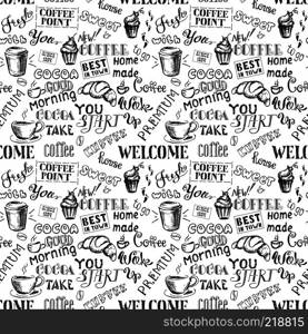 Coffee seamless pattern with lettering,hand drawn on white background, stock vector illustration. Coffee seamless pattern with lettering,hand drawn