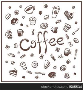 coffee set. coffee to go. coffee break. coffee doodles set
