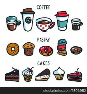 Coffee set. Colorful doodle style set of objects on coffee theme. Coffee cups, pastry and cakes on white background. Exellent for menu design and cafe decoration. Cartoon vector illustration. Coffee set. Colorful doodle style set of objects on coffee theme. Coffee cups, pastry and cakes on white background. Exellent for menu design and cafe decoration. Cartoon vector illustration.