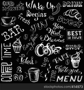 Coffee set, hand drawn lettering and sign on black background , vector illustration. Coffee set, hand drawn lettering and sign on black background
