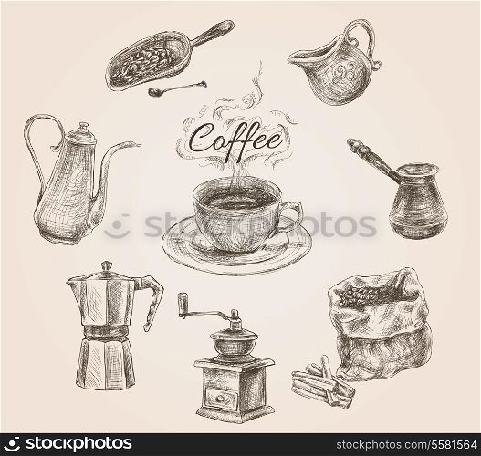 Coffee set with milk can, cezve and coffee beans vintage doodle hand drawn vector illustration