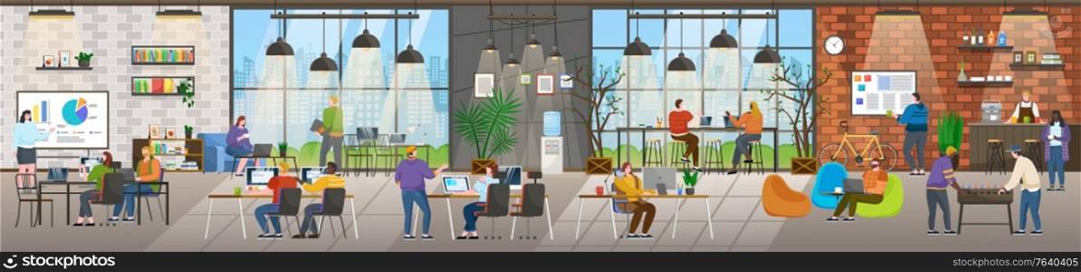 Coffee shop and office in one building. Coworking people at work. Characters on business meeting brainstorming on new project. Personages in drinking tea beverage at coffeehouse vector in flat. Coworking Place Coffee Shop and Working Center