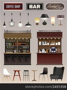 Coffee shop bar interior elements collection with counters wine liquor shelves lamps chairs stools isolated vector illustration . Cafe Bar Interior Set