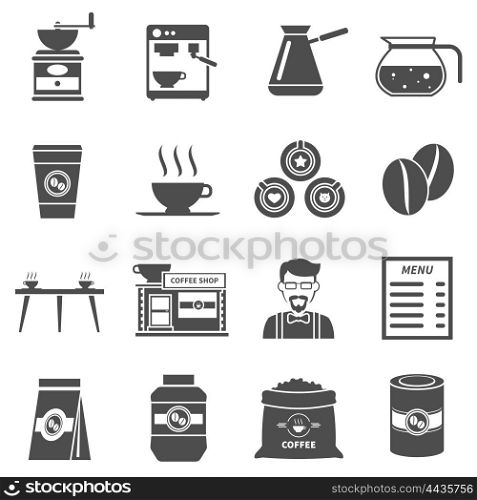 Coffee Shop Black Icons Set. Coffee shop or cafe bar black icons set with menu and cappuccino cups abstract isolated illustration vector