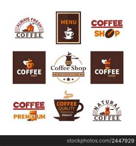 Coffee shop cafe and restaurants bar fresh natural premium espresso design emblems labels elements collection isolated vector illustration . Coffee Shop Cafe Design Emblems Collection 