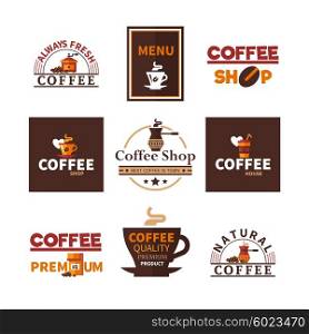 Coffee Shop Cafe Design Emblems Collection . Coffee shop cafe and restaurants bar fresh natural premium espresso design emblems labels elements collection isolated vector illustration