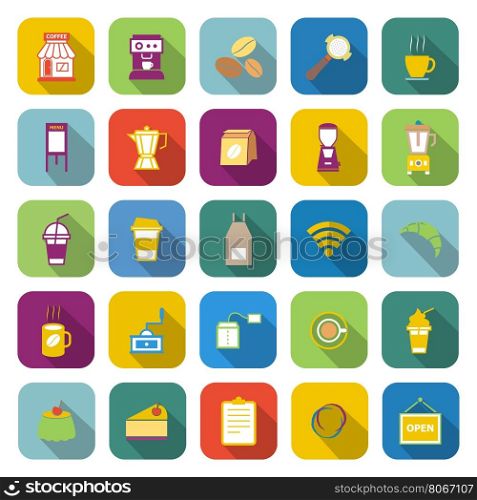Coffee shop color icons with long shadow, stock vector