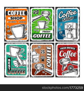 Coffee Shop Creative Advertise Posters Set Vector. Energy Drink Cup And Roasted Beans, Coffee Machine And Filter On Promotional Banners. Cafeteria Concept Template Style Color Illustrations. Coffee Shop Creative Advertise Posters Set Vector