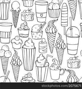 Coffee shop drinks. Coffee, cocktails and cakes on white background. Vector seamless pattern. . Coffee shop drinks and cakes. Vector pattern.