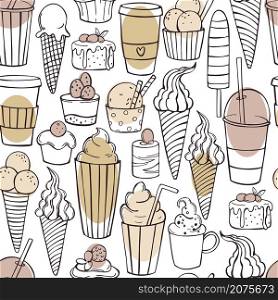 Coffee shop drinks. Coffee, cocktails and cakes on white background. Vector seamless pattern. . Coffee shop drinks and cakes. Vector pattern.