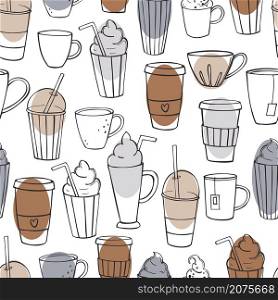 Coffee shop drinks. Coffee, cocktails and tea on white background. Vector seamless pattern. . Coffee shop drinks. Vector pattern.