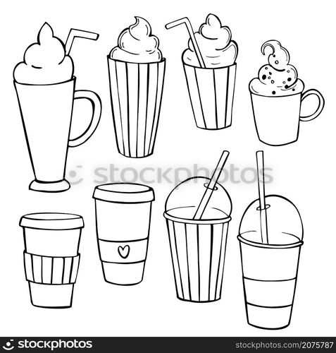 Coffee shop drinks. Coffee, cocktails and tea.Vector sketch illustration.. Coffee shop drinks.Vector illustration.