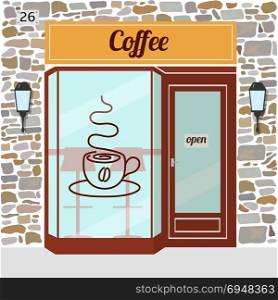 Coffee shop facade.. Coffee shop building. Facade of stone. Coffee sign sticker on window. Vector illustration EPS10