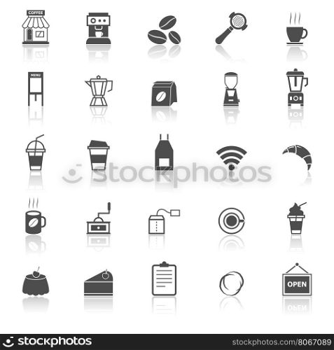 Coffee shop icons with reflect on white background, stock vector