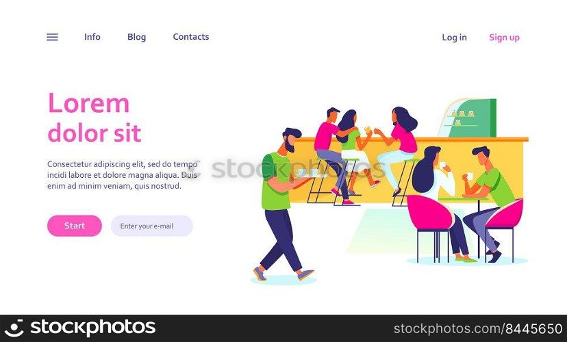 Coffee shop interior vector illustration. Young men and women drinking coffee at tables or counter. Modern cafe image for canteen or catering concept