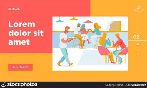 Coffee shop interior vector illustration. Young men and women drinking coffee at tables or counter. Modern cafe image for canteen or catering concept