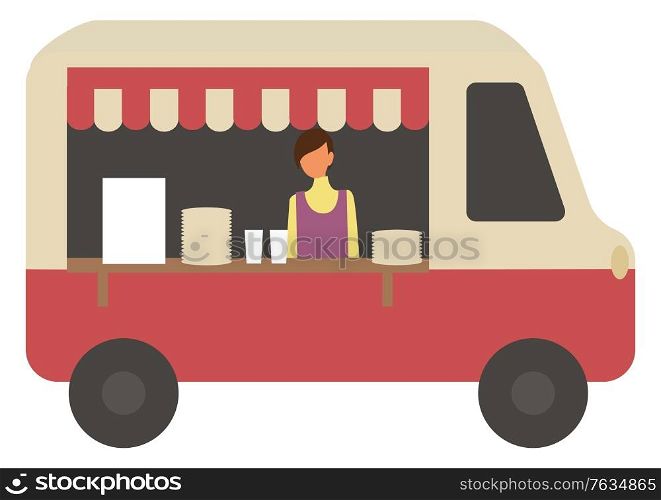 Coffee shop isolated kiosk in truck selling hot beverages. Person making tasty drinks to take out, takeaway cafe with variety of caffeine types. Vector illustration in flat cartoon style. Truck with Salesperson Barista and Coffee Making