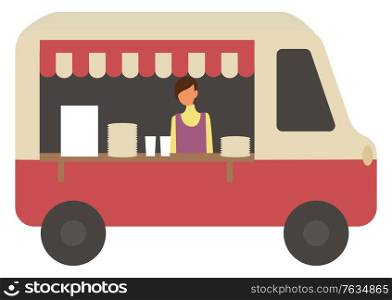 Coffee shop isolated kiosk in truck selling hot beverages. Person making tasty drinks to take out, takeaway cafe with variety of caffeine types. Vector illustration in flat cartoon style. Truck with Salesperson Barista and Coffee Making