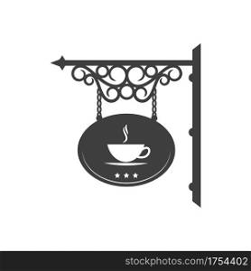 Coffee shop isolated vintage street signboard with antique forged ornaments. Vector cafeteria or cafe sign board, ornamental metal brackets and chains. Coffee restaurant or cafe antique signage. Retro signboard of coffee shop or cafe, cafeteria