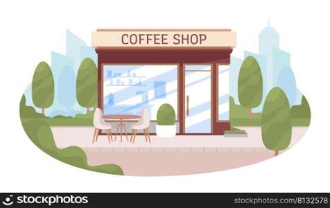 Coffee shop kiosk with empty table 2D vector isolated illustration. Empty flat cityscape on cartoon background. Cafe colourful editable scene for mobile, website, presentation. Recursive font used. Coffee shop kiosk with empty table 2D vector isolated illustration
