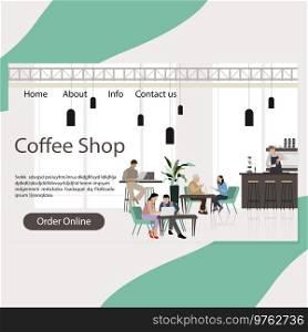 Coffee shop landing page, cafeteria interior with customers conversation and coworking. Coffeehouse interior, community coworking space, canteen homepage. Vector illustration. Coffee shop landing page, cafeteria interior with customers conversation and coworking