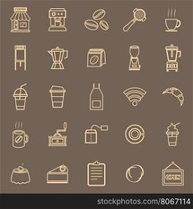 Coffee shop line color icons on brown background, stock vector