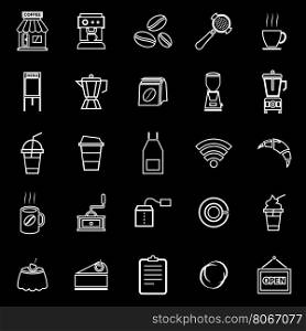 Coffee shop line icons on black background, stock vector