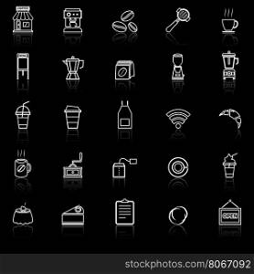 Coffee shop line icons with reflect on black background, stock vector