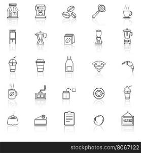 Coffee shop line icons with reflect on white background, stock vector